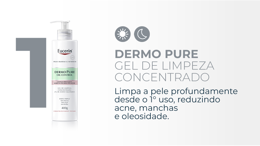 Imagem com fundo neutro. Ao lado esquerdo, o número 1 aparece em destaque junto com a embalagem de DermoPure.