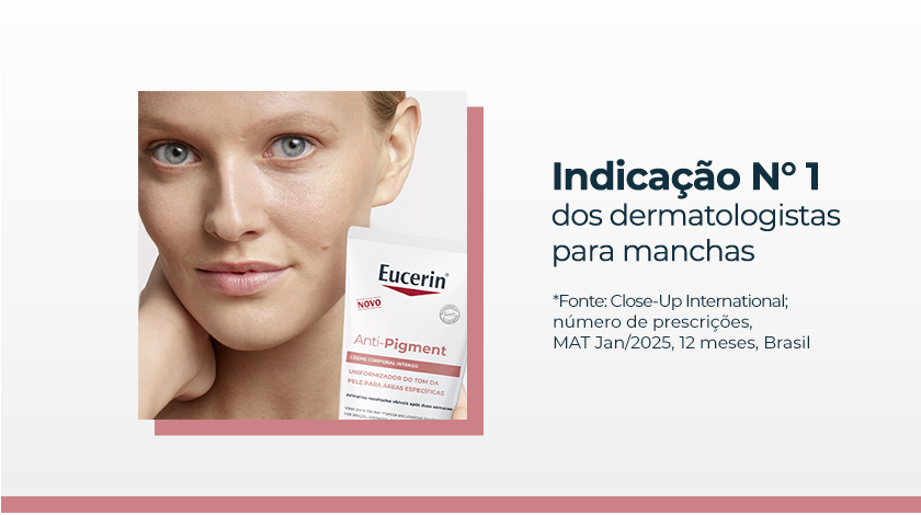 Mulher de pele clara olhando para a câmera, segurando o creme Eucerin Anti-Pigment próximo ao rosto. Fundo neutro com moldura rosada destacando a imagem.
