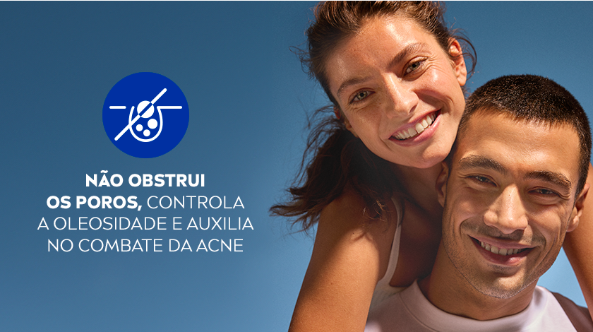 Fundo azul com casal sorrindo sob o sol. Ícone azul circular acima do texto.