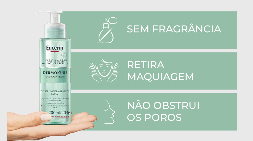 Mão segurando o produto Eucerin Dermopure ao lado de ícones que indicam as características.
