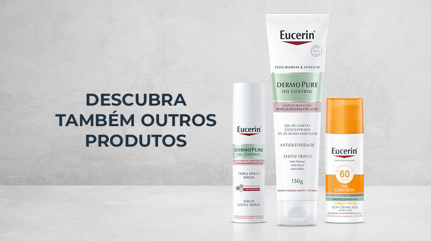 Sugestão de outros produtos da marca para utilizar em conjunto de Eucerin Sun Oil Control Creme Facial FPS 60, com diferentes embalagens expostas sobre um fundo neutro. Os produtos são: Dermo Pure Oil Control Sérum Efeito Triplo e Dermo Pure Oil Control Gel de Limpeza Concentrado.