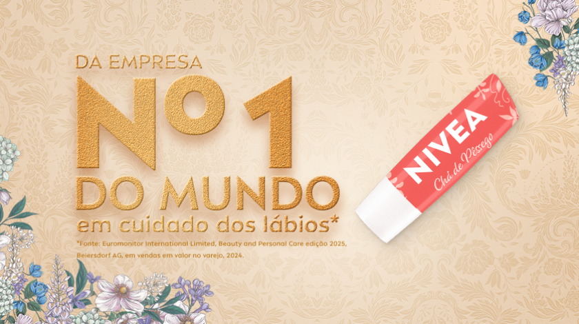 Selo em destaque com fundo elegante em tons claros e dourados, reforçando liderança global da marca no cuidado labial.