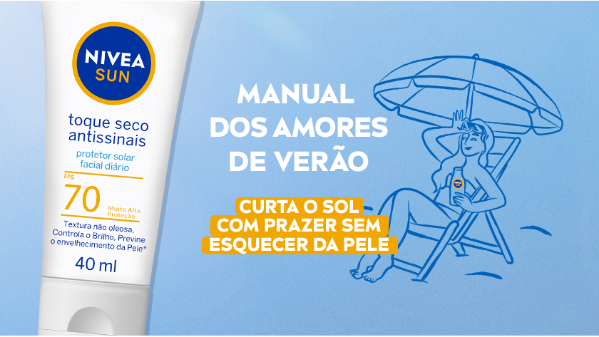 Ilustração em azul de uma pessoa relaxando sob um guarda-sol na praia. Ao lado, frasco do protetor solar NIVEA Sun Toque Seco FPS 70. Fundo azul com mensagem sobre aproveitar o verão sem esquecer da proteção da pele.
