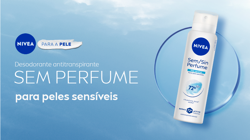 Fundo azul suave com desodorante antitranspirante NIVEA Sem Perfume, em branco e azul, inclinado à direita. Texto em branco e azul destacando proteção para peles sensíveis.