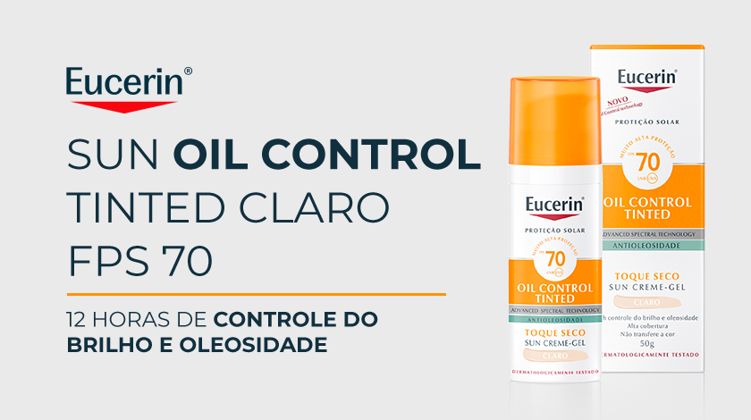 A embalagem do produto Eucerin Sun Oil Control Tinted Claro FPS 70 aparece sobre um fundo branco.