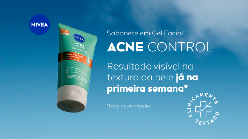 Imagem do produto NIVEA Acne Control com fundo azul claro, selo de clinicamente testado ao lado.