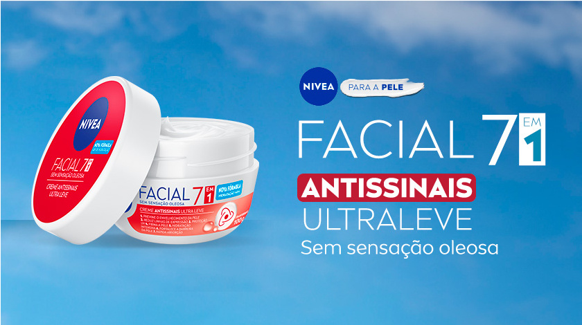 Fundo azul claro com nuvens suaves. Ao centro, pote aberto do creme NIVEA Facial 7 em 1 Antissinais Ulraleve, com tampa vermelha e embalagem branca e azul. O produto está levemente inclinado, mostrando a textura cremosa. À direita, textos promocionais em branco e vermelho destacam os benefícios do produto. No topo, logo da NIVEA com a faixa “Para a Pele”.