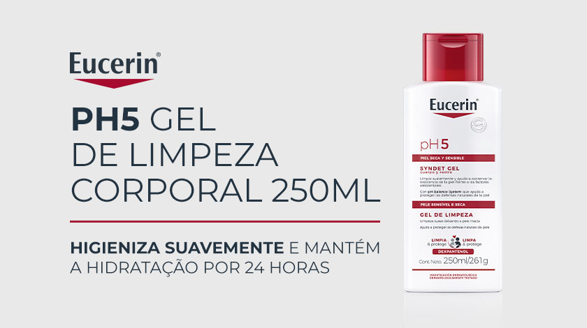 Frasco do Eucerin pH5 Gel de Limpeza Corporal 250ml sobre fundo branco. A embalagem tem elementos nas cores branca e vermelha.