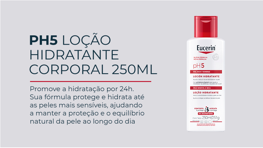 Imagem com fundo neutro. Ao lado direito, uma embalagem branca e vermelha