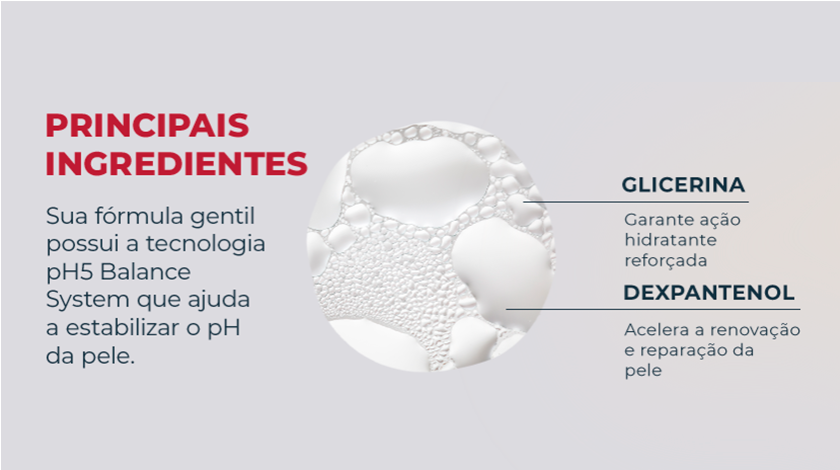 Imagem do produto com fundo vermelho ao lado de ícones e textos que indicam os benefícios.