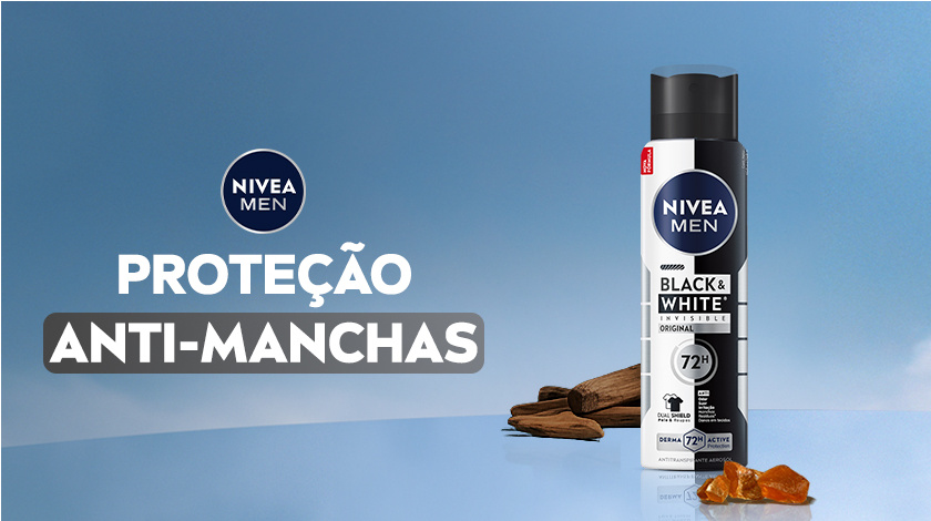 Imagem com fundo azul. Em destaque aparece a embalagem de Black & White Original, ao lado de ingredientes.