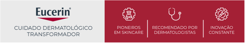 Logo da Eucerin sobre fundo vermelho, reforçando o conceito de cuidado dermatológico da marca.