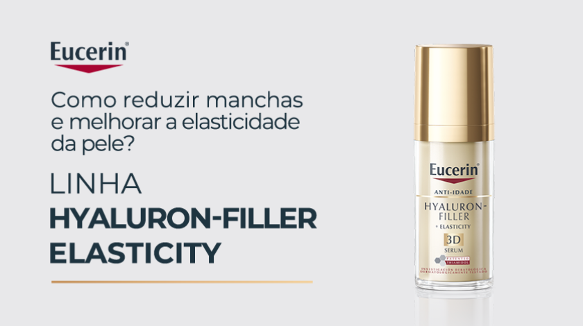 Banner publicitário em fundo claro mostrando um frasco de creme da linha Eucerin Hyaluron-Filler + Elasticity. O produto é dourado com detalhes vermelhos.