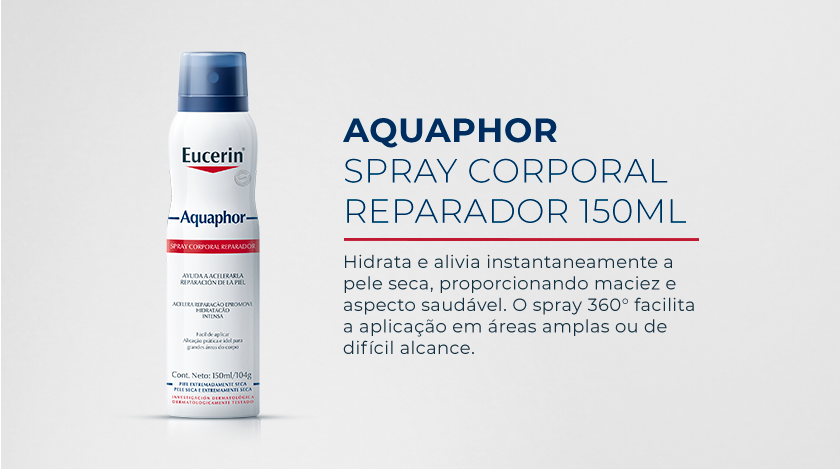Imagem com fundo neutro. Ao lado esquerdo é destacada a embalagem em Spray de Aquaphor.