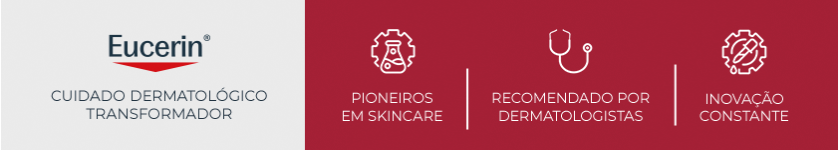 Logo da Eucerin sobre fundo vermelho, reforçando o conceito de cuidado dermatológico da marca.