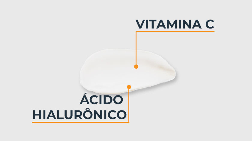 A imagem apresenta uma substância esbranquiçada, em um fundo branco e com as indicações de componentes da fórmula.