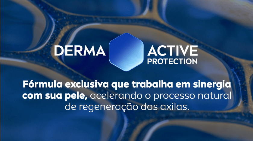 Fundo com detalhes em azul metálico e brilho. No centro, selo DERMA ACTIVE PROTECTION em formato de hexágono com luz brilhante. Texto abaixo em branco.