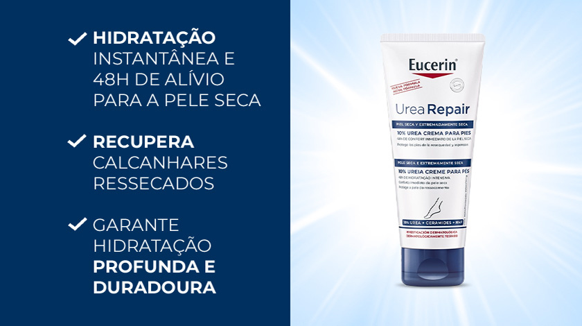 Bloco dividido em 2 partes. À esquerda, fundo azul com textos em branco listando os benefícios do produto. À direita, o produto Eucerin Urea Repair Plus em destaque com fundo de luz.