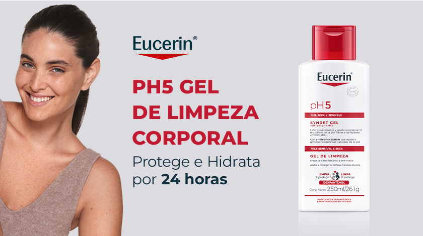 Frasco do Eucerin pH5 Gel de Limpeza Corporal 250ml sobre fundo neutro. A embalagem tem elementos nas cores branca e vermelha. Ao lado esquerdo, uma mulher sorri.
