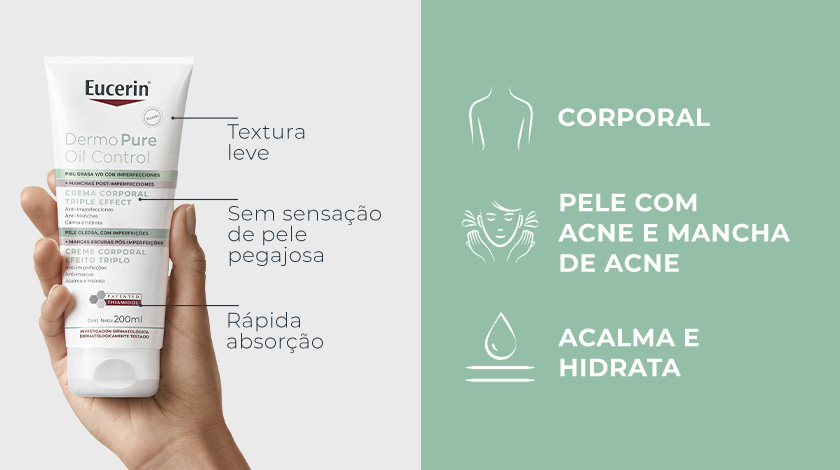 Este banner é dividido ao meio. À esquerda, sobre um fundo cinza claro, uma mão segura o produto e lista suas características. À direita, sobre um fundo verde claro, são listadas as indicações de uso.