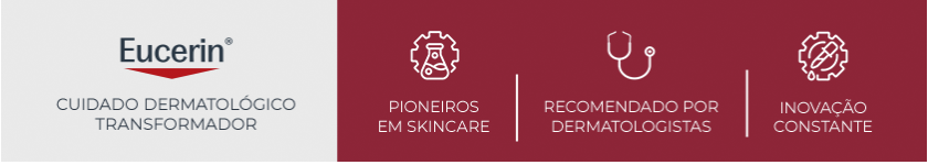 Ao lado esquerdo, logotipo da Eucerin em destaque. Ao lado direito, fundo vermelho com três ícones que representam os pilares da marca.