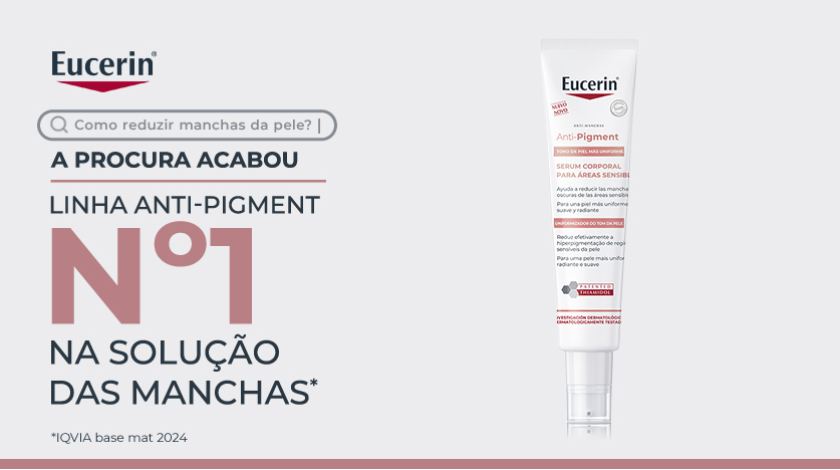 Imagem de produto Eucerin Anti-Pigment Sérum Corporal para Áreas Sensíveis. À esquerda, há um layout gráfico com ícone de barra de pesquisa e elementos tipográficos em destaque.
