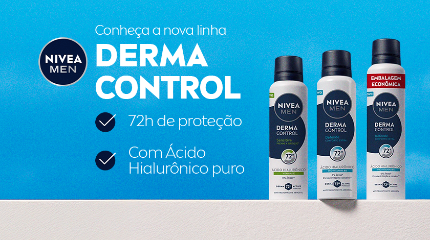 Imagem com fundo azul claro. Ao lado direito, três desodorantes diferentes aparecem lado a lado.