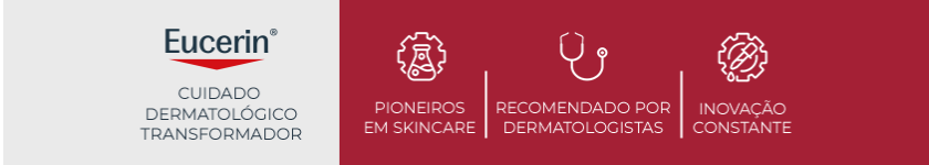 Ao lado esquerdo, logotipo da Eucerin em destaque. Ao lado direito, fundo vermelho com três ícones que representam os pilares da marca.
