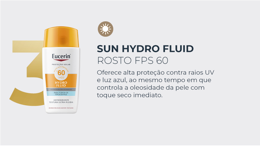 Imagem com fundo claro. Ao lado esquerdo, a embalagem do Hydro Fluid aparece em destaque ao lado do número 3.