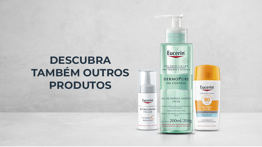 A imagem apresenta três produtos da marca Eucerin sobre um fundo cinza claro. À esquerda, no meio da peça, está a frase em evidência.
