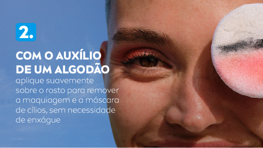 Imagem com fundo azul. Ao lado direito, uma mulher aparece em destaque segurando um algodão.
