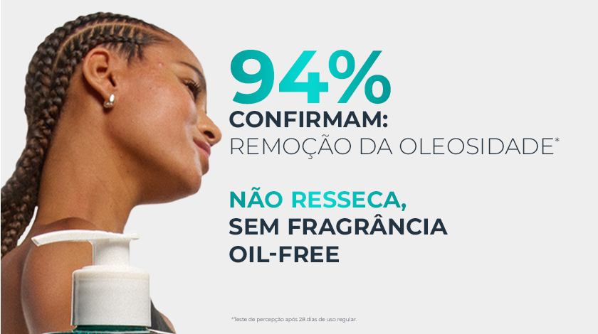 Banner com fundo branco neutro. Na parte esquerda, uma mulher segura a embalagem do produto em destaque.