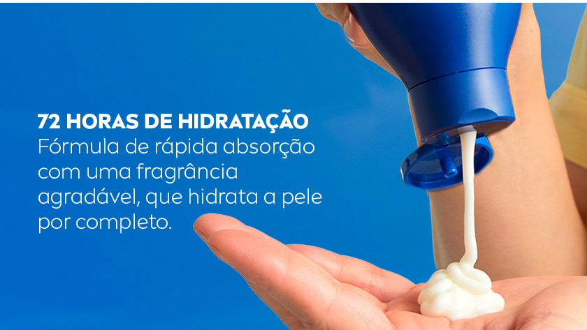 Fundo azul escuro. Ao lado direito, uma mão segura a embalagem do produto, aplicando na outra.