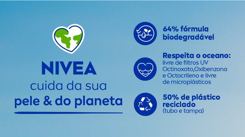Fundo azul com ícones explicativos. Texto central: “NIVEA cuida da sua pele & do planeta” destacando a sustentabilidade da marca.