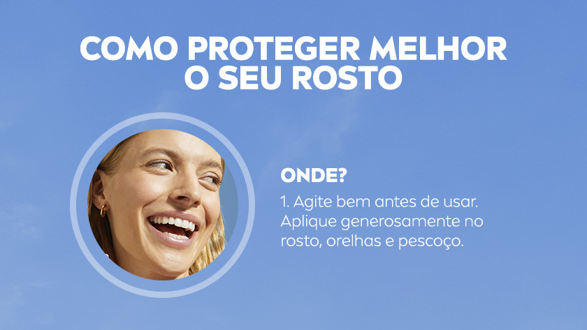 Imagem de fundo azul. Foto de mulher sorrindo, emoldurada em círculo. Ao lado, instruções de uso.