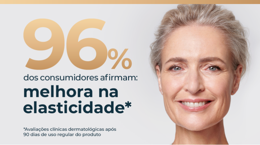Banner publicitário em fundo claro com destaque numérico em dourado indicando resultado de pesquisa de consumidores. À direita, aparece o rosto de uma mulher madura de cabelos grisalhos presos, pele saudável e expressão sorridente.