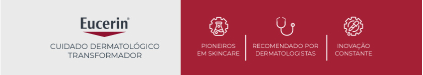 Logo da Eucerin sobre fundo vermelho, reforçando o conceito de cuidado dermatológico da marca.