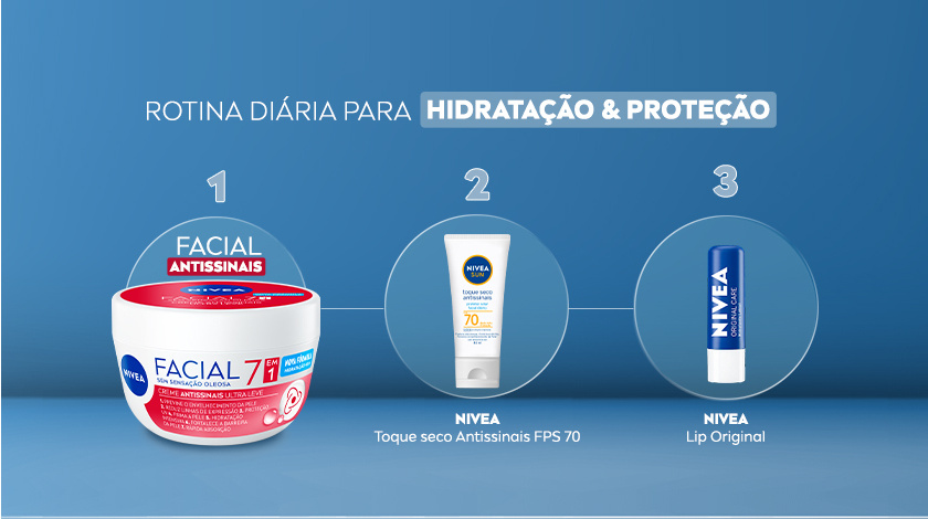 Fundo azul, ao centro são apresentados produtos para uma rotina.