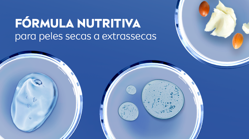 Loção em detalhes em lâminas de microscópio sobre fundo azul. Texto informa tipo de pele e benefícios.