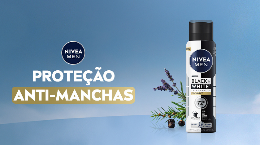 Imagem com fundo azul. Em destaque aparece a embalagem de MEN Black & White Epic Night, ao lado de ingredientes.