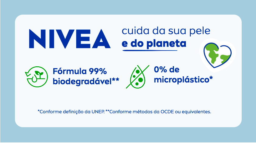 Fundo azul royal claro texturizado com um retângulo branco centralizado. No topo do retângulo, o logo NIVEA em azul escuro. À esquerda, há um ícone verde de uma folha e uma gota dentro de uma forma circular. Ao centro, um ícone verde representando uma molécula cortada ao meio. À direita, um ícone de coração de borda azul envolvendo o desenho do planeta Terra em verde.