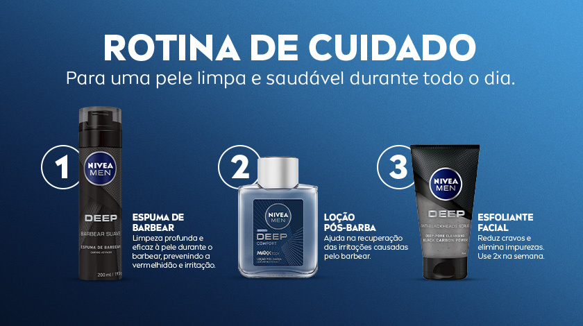 Imagem do fundo azul escuro com textos em branco e produtos dispostos formando uma rotina de uso