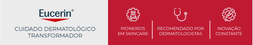 Logo da Eucerin sobre fundo vermelho, reforçando o conceito de cuidado dermatológico da marca.
