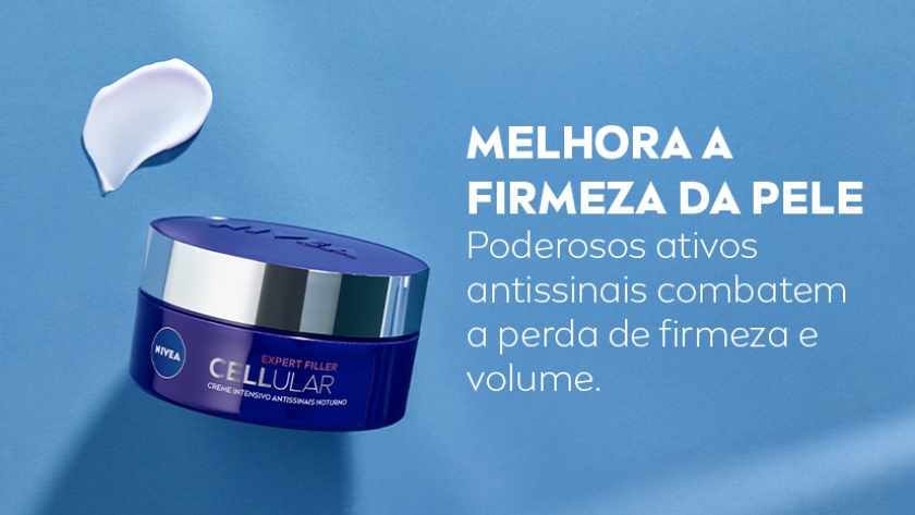 Creme NIVEA Cellular Expert Filler Noturno em fundo azul, com textura do produto e texto sobre firmeza da pele.