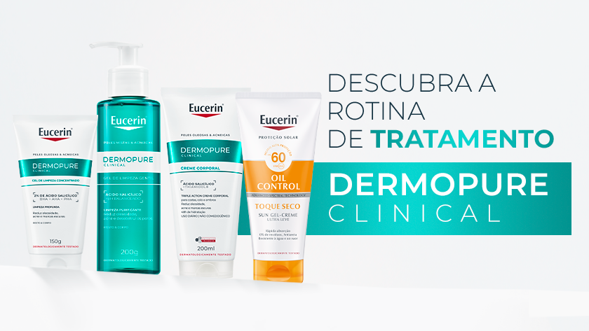 Banner com fundo branco. Em destaque, ao lado esquerdo, são apresentados os produtos para uma rotina completa de tratamento com Eucerin.