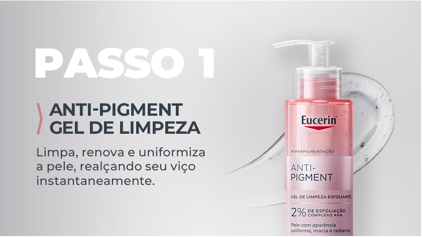 Imagem com fundo neutro e claro. Ao lado direito, a embalagem rosada de Anti-Pigment Gel de Limpeza é destacada com um gel ao fundo.