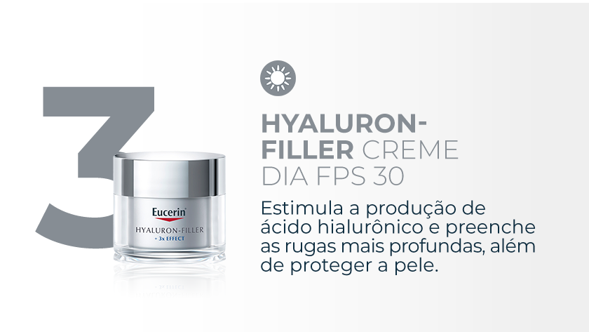 Imagem com fundo neutro. Ao lado esquerdo, o número 3 aparece em destaque junto com a embalagem de Hyaluron Filler