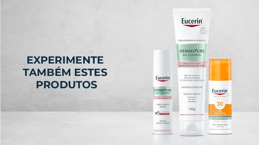 Três produtos Eucerin dispostos lado a lado sobre fundo branco.