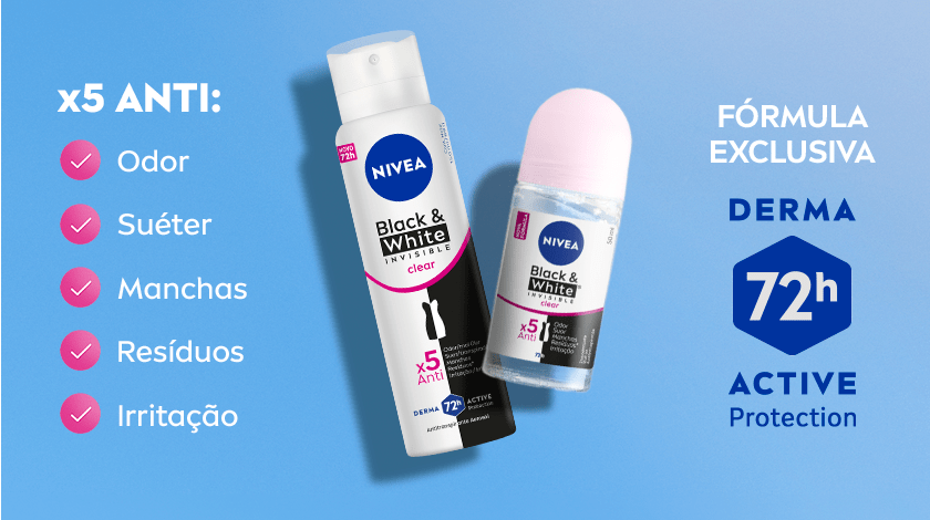 Imagem com fundo azul claro em degradê para o branco. Ao centro, dois desodorantes Nivea Black & White, um aerosol e o outro Roll-on. À direita um selo prateado com a inscrição DERMA 72H ACTIVE Protection.