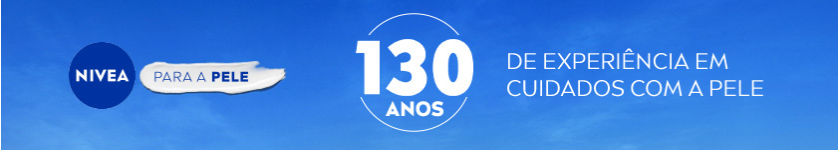 NIVEA para a pele. 130 Anos de experiência em cuidados com a pele. Banner com fundo azul de céu. No lado esquerdo, o logo da NIVEA aparece seguido pela frase